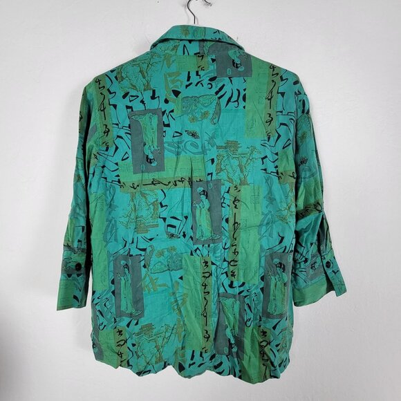 Tianello Womens Turquoise Asian Geisha Dynasty Blouse Button Up Size XS Casual - Picture 2 of 8